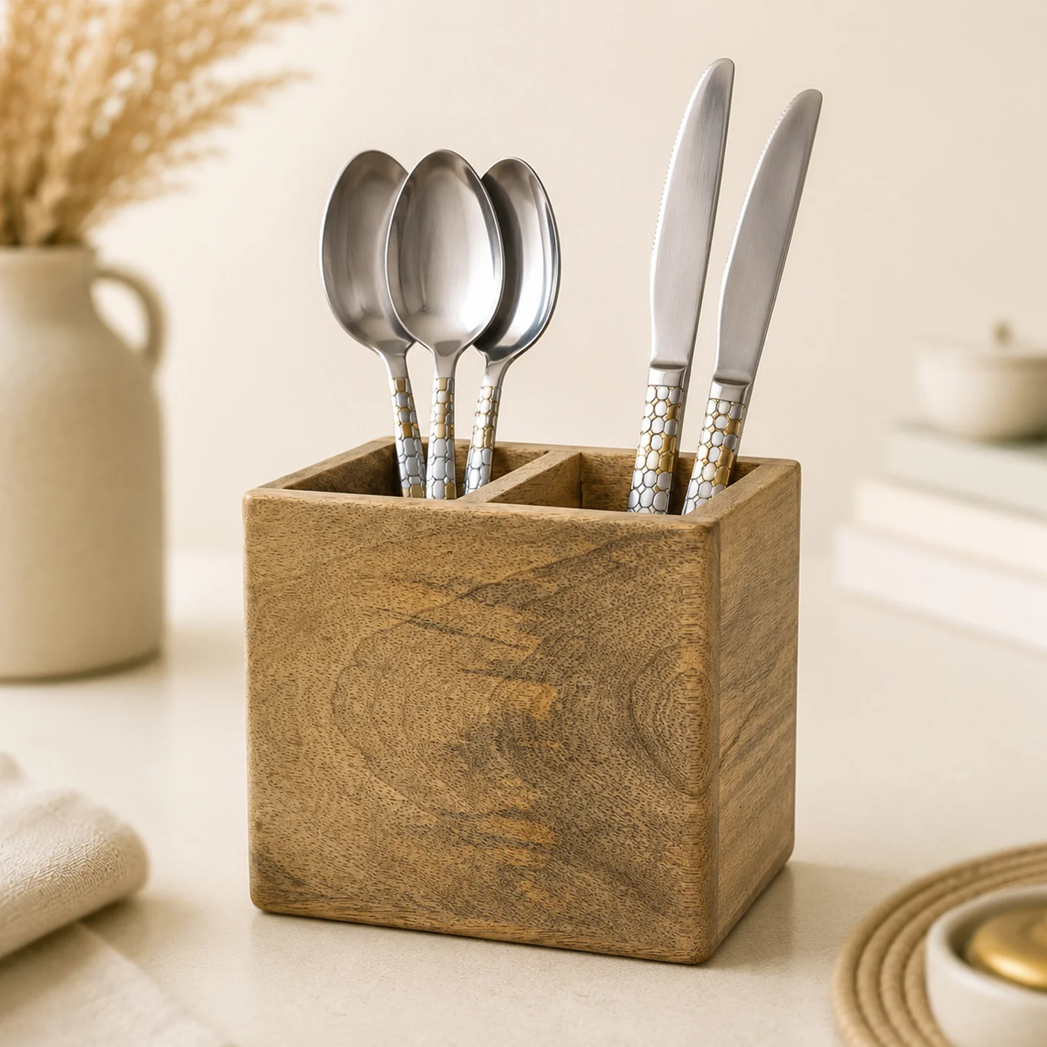 Cutlery Holder for Dining Table | Wooden Spoon Holder | Fork and Spoon Stand | Handmade Mango Wood 2 Compartment Cutlery Stand for Spoons, Forks, Knives 14 x 9 x 12 Cm