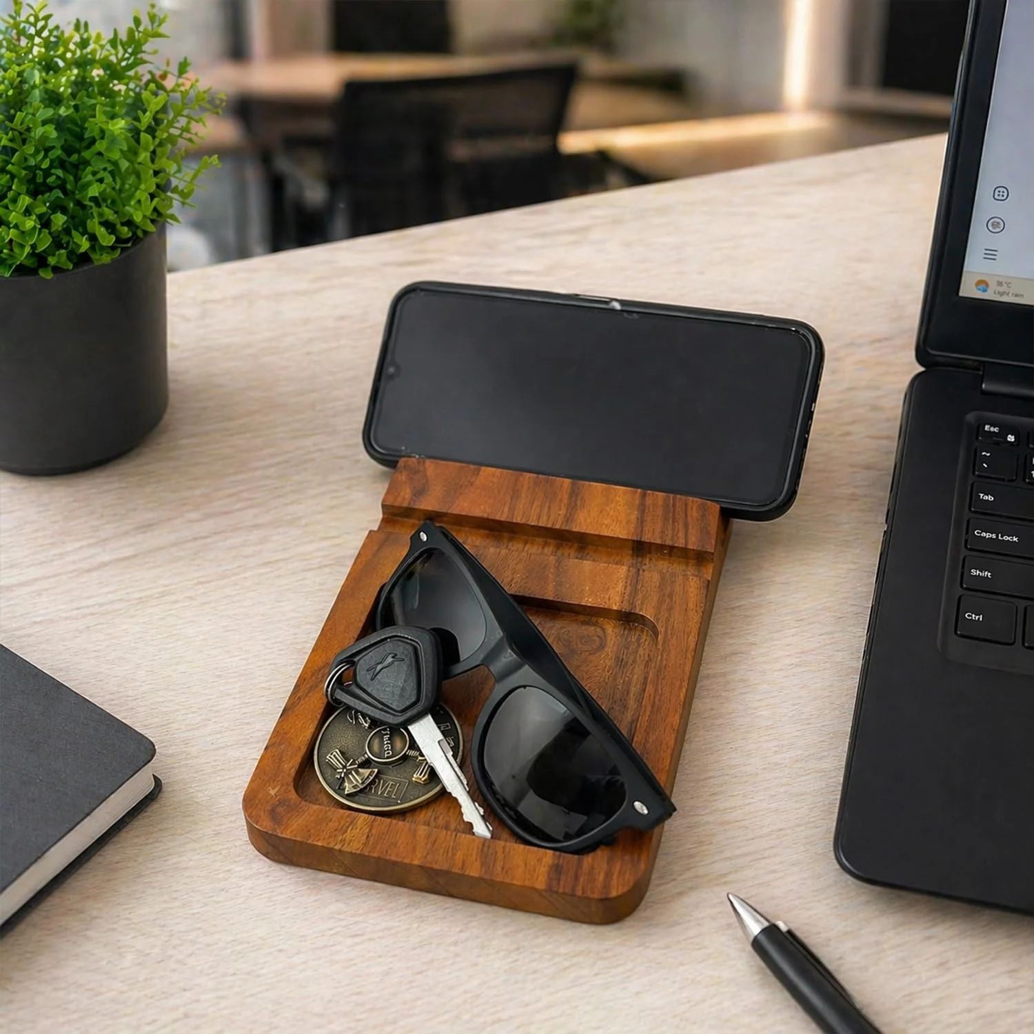 Wooden Desk Organizer with Mobile Stand – Handcrafted Mango Wood Office Desk Organiser Tray for Phone, Keys, Wallet & Accessories | Desktop Storage Holder for Home & Office | 21.6 x 12.7 x 1.5 cm