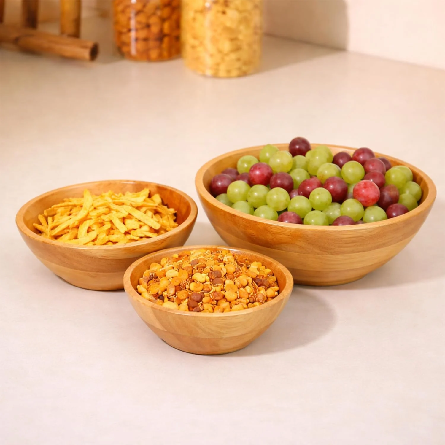 Mango Wood Salad Bowl Set of 3 with Serving Utensils – Large Wooden Bowls for Salad, Fruit, Snacks & Mixing – Natural Eco-Friendly Serving Bowl Set for Kitchen & Dining