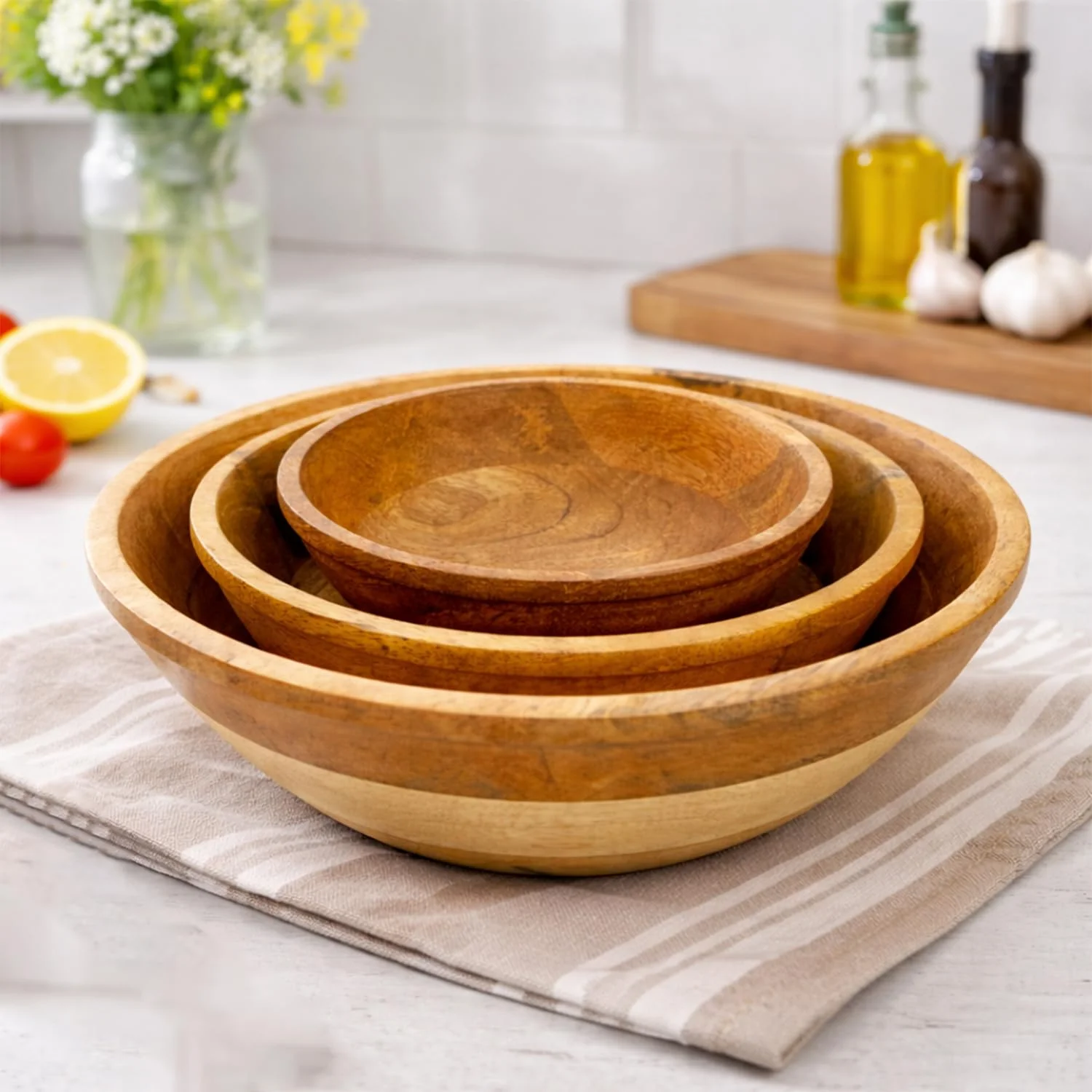 Wooden Bowl Set of 3 – Large Salad Bowl, Medium & Small Serving Bowls – Natural Wood Fruit Bowl, Snack Bowl, Rice Bowl – Eco-Friendly Kitchen Serving Bowls for Dining & Home