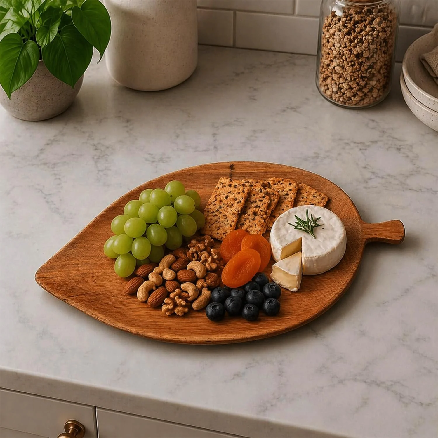 Leaf Shape Wooden Serving Tray with Handle – Solid Natural Wood Snack Platter | Food-Safe Rustic Serving Board for Bread, Snacks & Appetizers | Decorative Kitchen, Home & Café Serving Tray | 26.7 × 15.2 × 2 cm