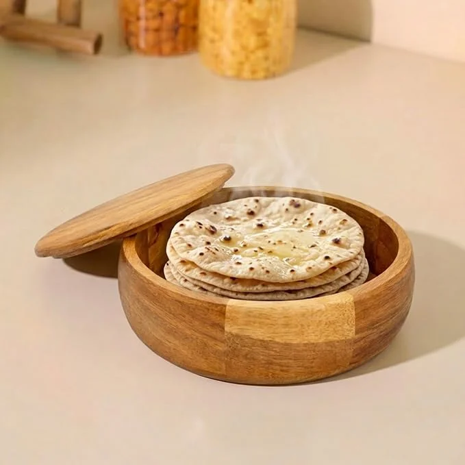Premium Mango Wood Roti Box with Lid – Handmade Wooden Chapati Storage Box | Food-Safe Bread Warmer & Roti Container for Kitchen | 20.5 x 7.3 cm