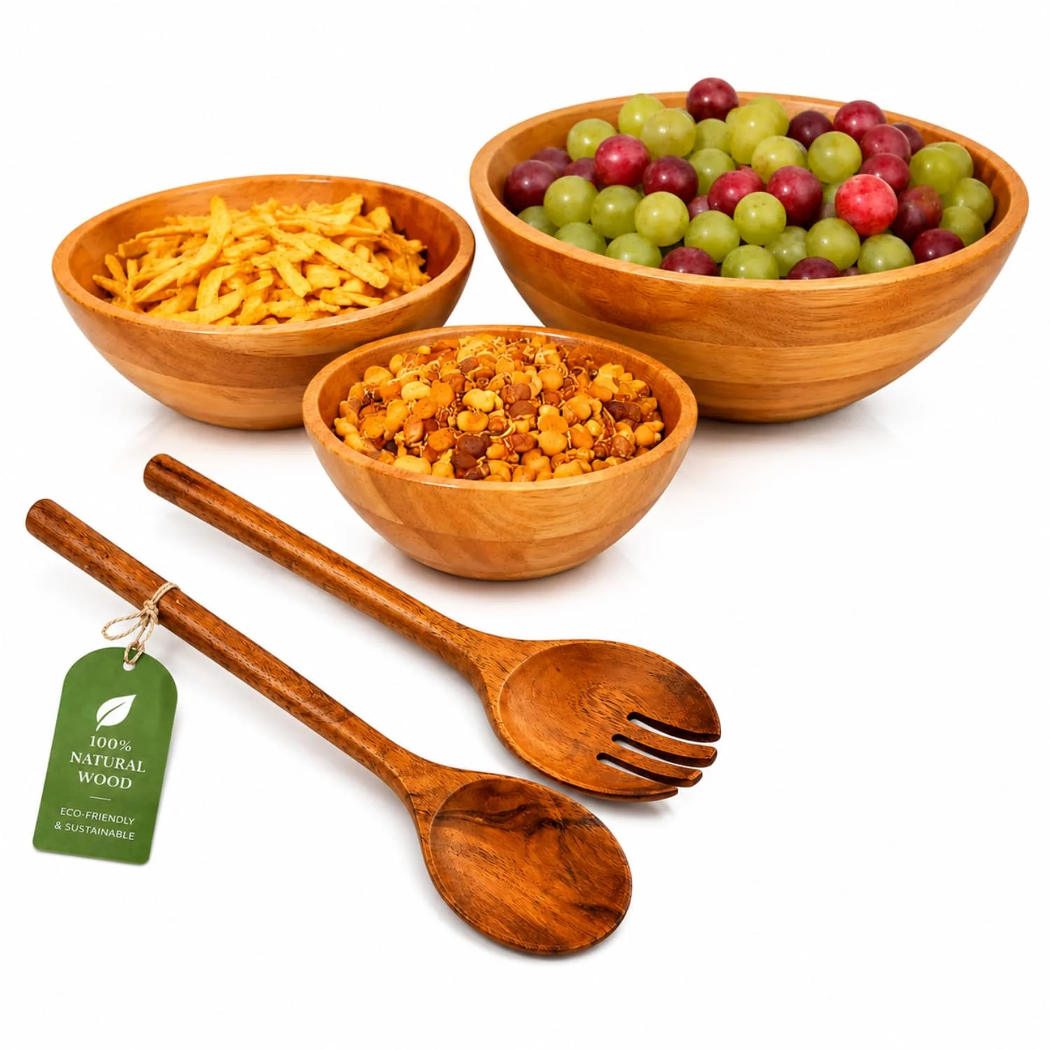 Mango Wood Salad Bowl Set of 3 with Serving Utensils – Large Wooden Serving Bowls for Salad, Fruit, Snacks & Mixing | Natural Eco-Friendly Kitchen & Dining Bowl Set