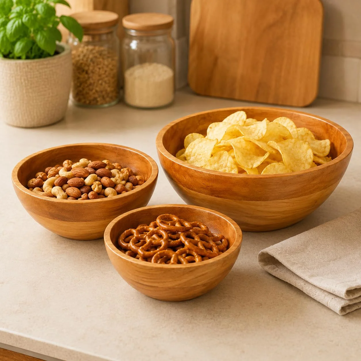Wooden Bowl Set of 3 – Large Salad Bowl, Medium & Small Serving Bowls | Natural Wood Fruit, Snack & Rice Bowls | Eco-Friendly Kitchen & Dining Serveware