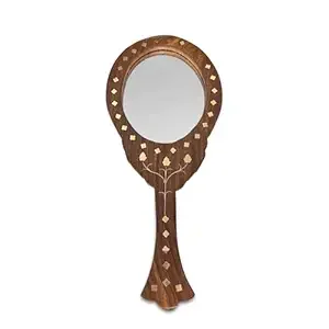 Wooden Oval Shape Framed Hand Mirror – Handmade Carved Wooden Dressing Mirror | Vintage Handheld Makeup Mirror for Women | Decorative Vanity Mirror | 27.5 x 11.5 cm