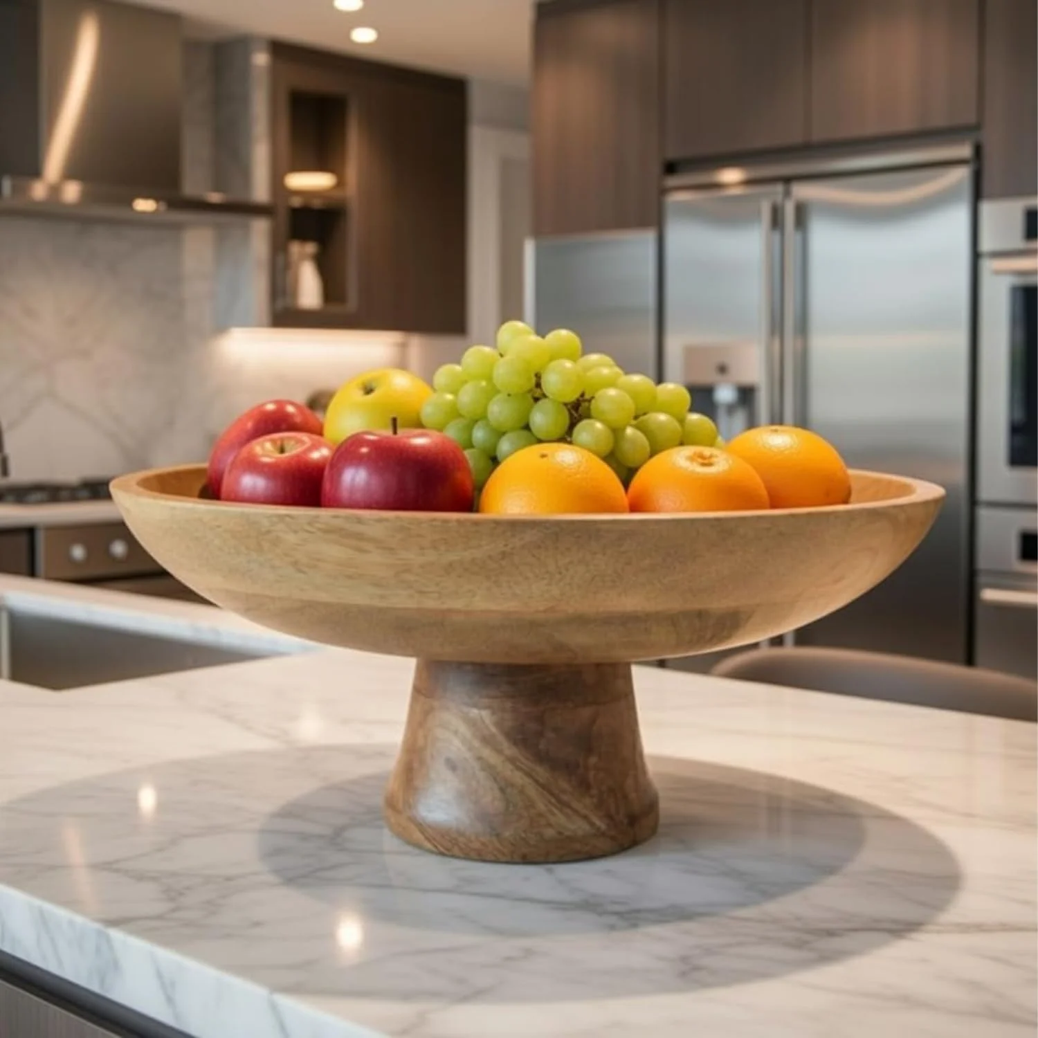 Wooden Fruit Bowl Stand – Handcrafted Mango Wood Pedestal Serving Bowl | Decorative Fruit & Food Organizer Tray for Dining Table, Kitchen Counter & Home Décor | 12 x 5.5 Inch